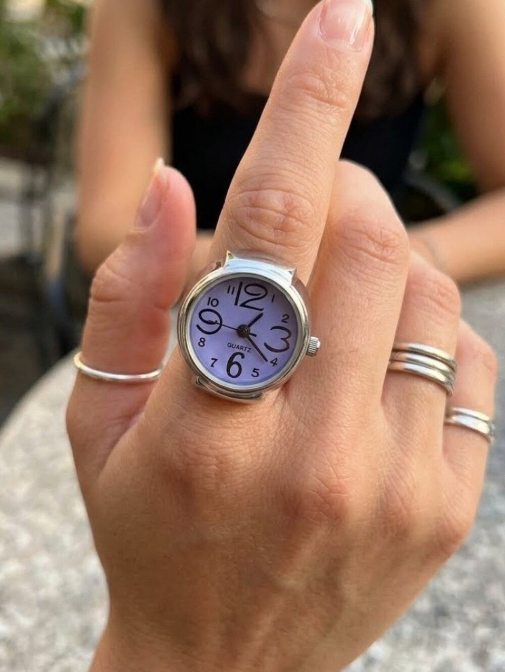 Silver Quartz Watch Ring with Lavender Dial